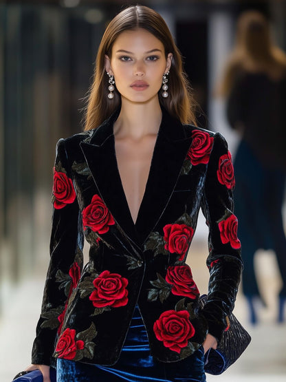 Casual Loose Retro Black Velvet Red Rose Print Blazer