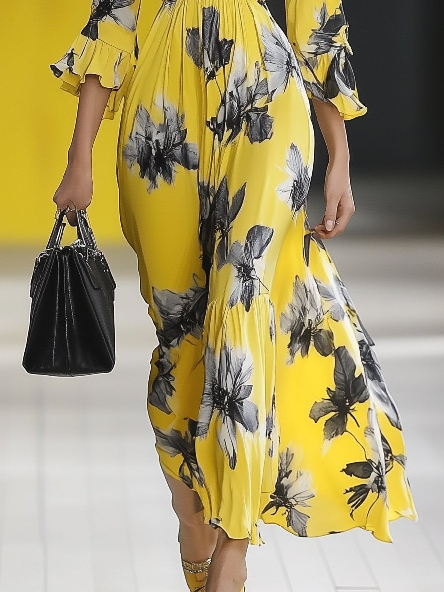 Romantic V-Neck Printed Yellow Long-Sleeved Maxi Dress