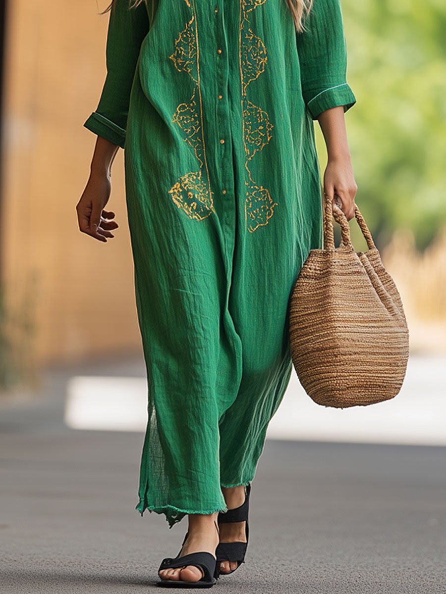 Casual Loose Cotton and Linen Gold Embroidery Long Sleeve Shirt Maxi Dress