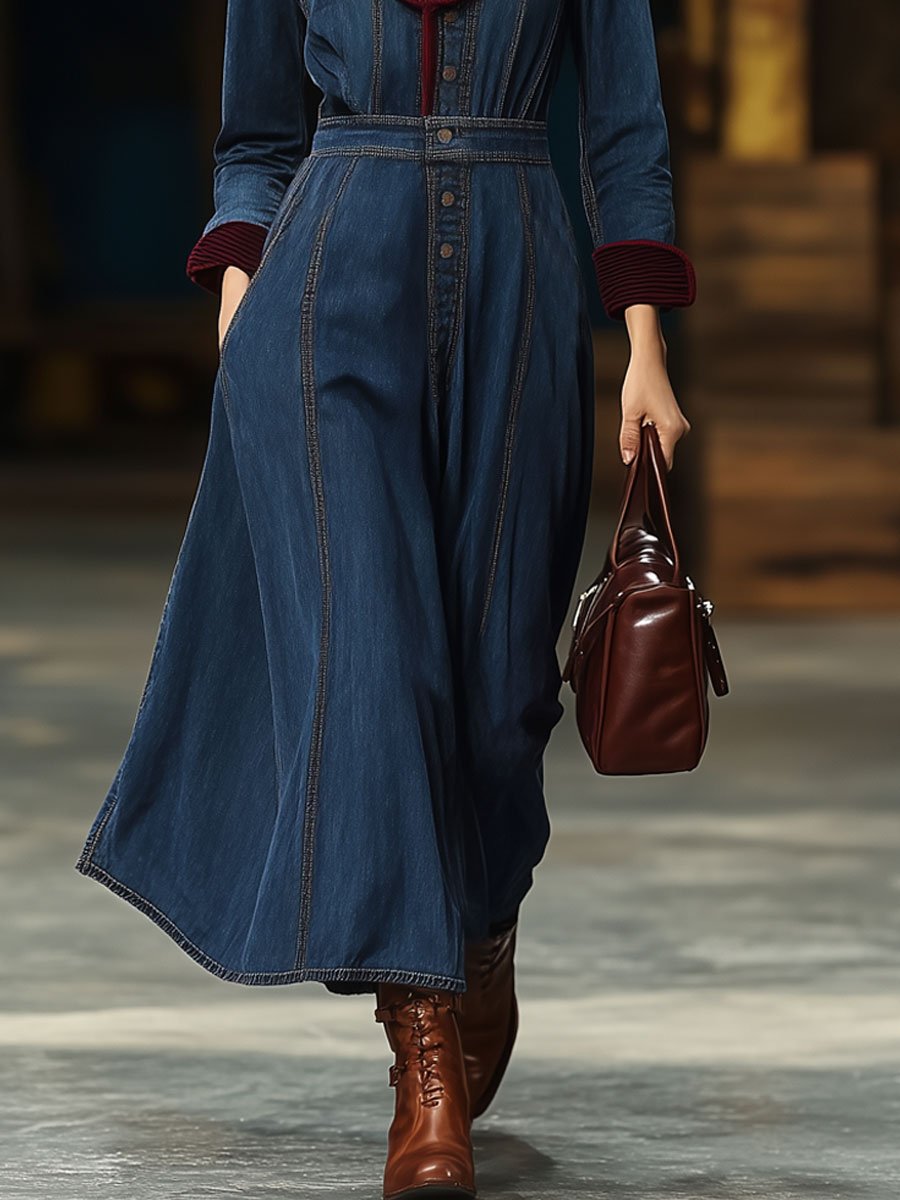 Fashion Retro Denim Patchwork Corduroy Long-Sleeved Maxi Dress