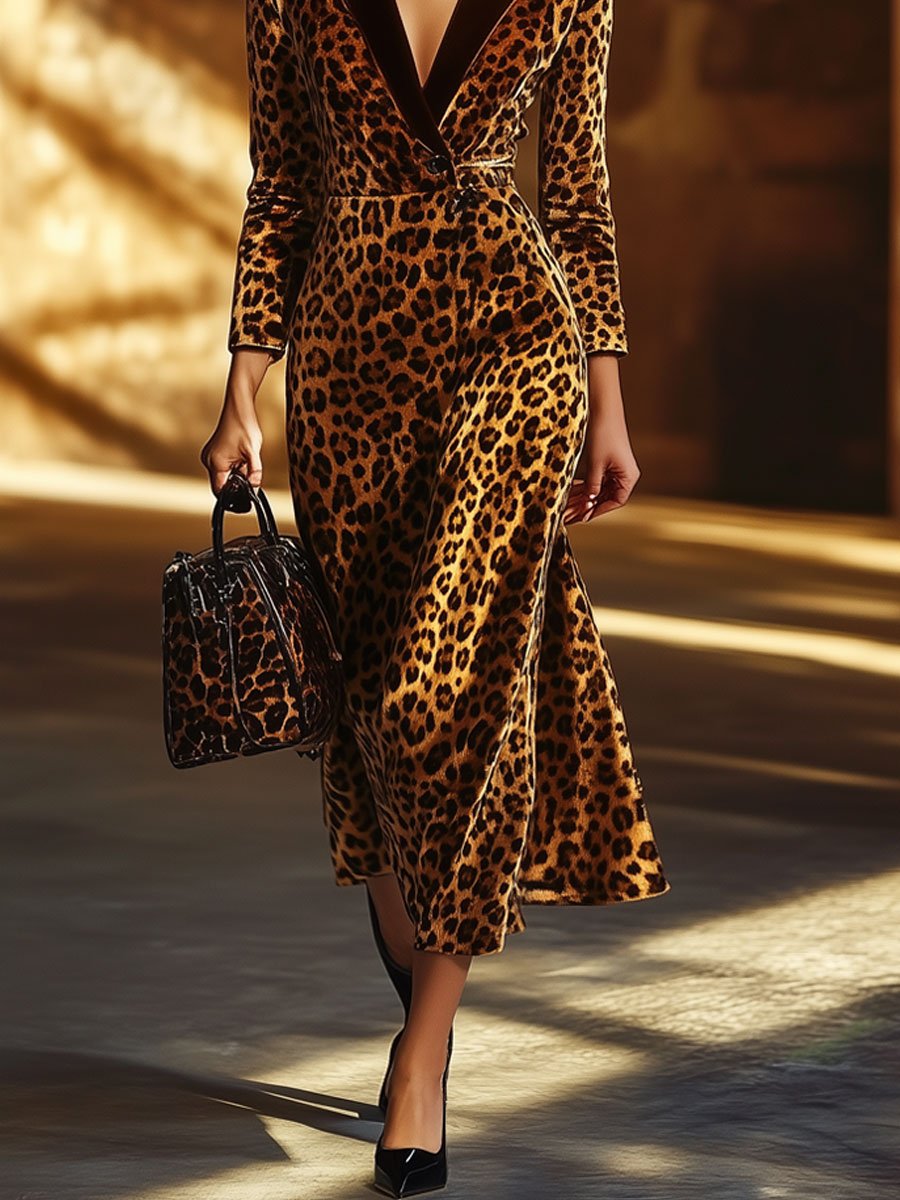 Velvet Leopard Print Lapel Long Sleeve Fashion Party Midi Dress