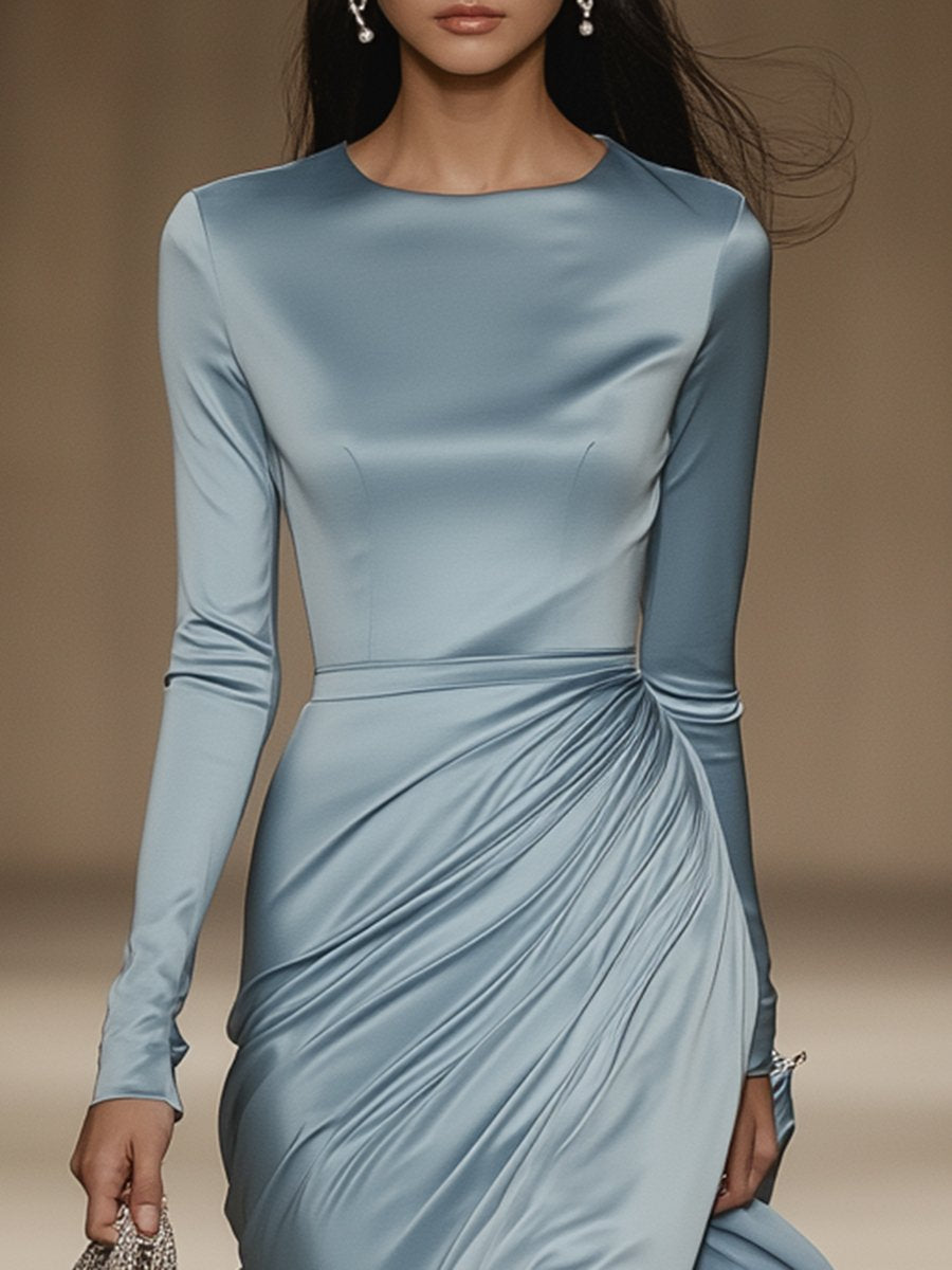 Elegant and Gentle Round Neck Blue Satin Long Sleeve Maxi Dress