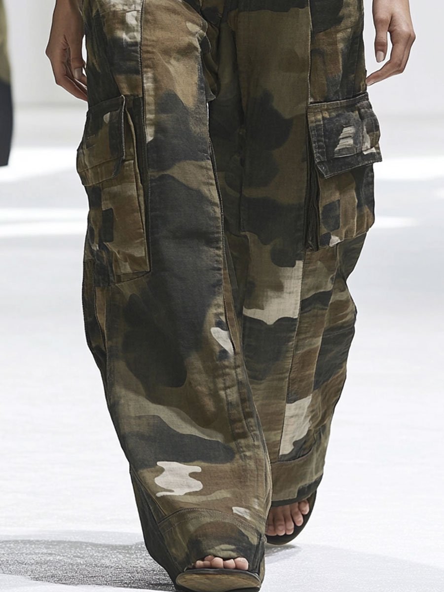 Casual Multi-Pocket Camouflage Cargo Wide-Leg Cotton Pants