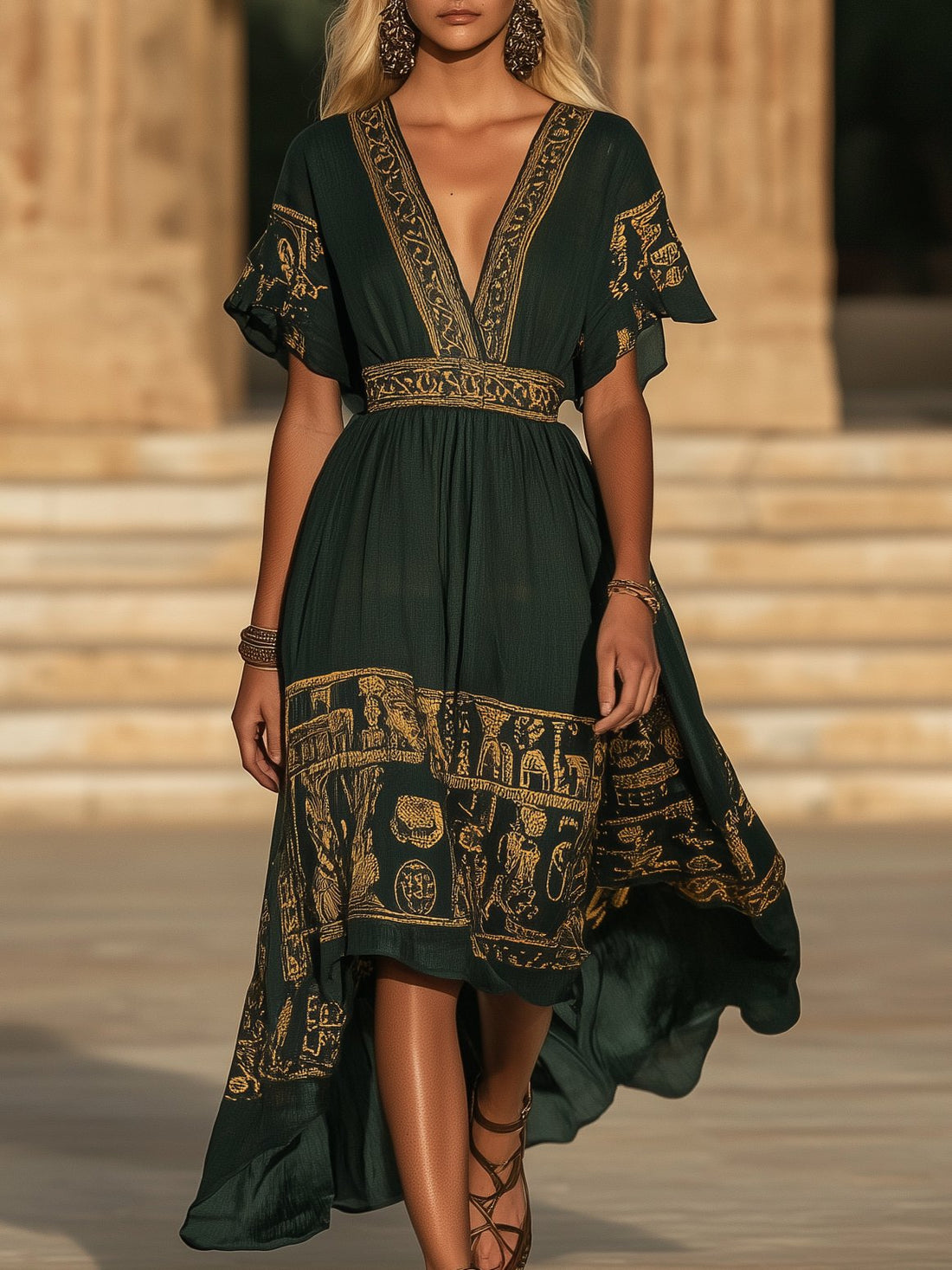 Mysterious Elegant Printed Short Sleeve Maxi Dress