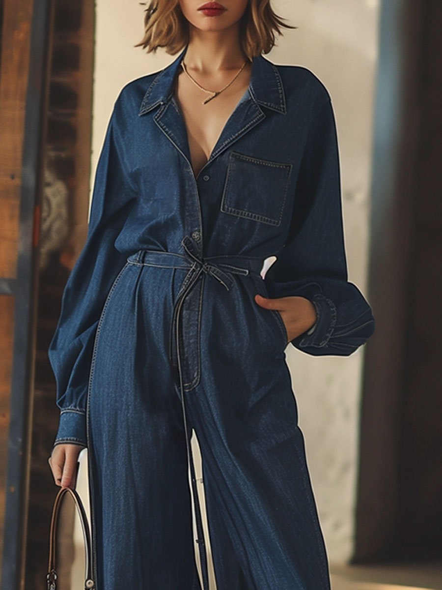 Casual Loose Lapel Belted Long-Sleeved Denim Jumpsuit