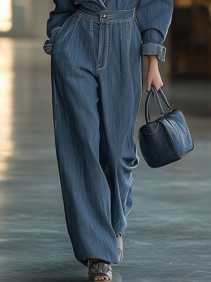 Casual Loose Solid Color Lapel Pocket Long Sleeve Denim Jumpsuit