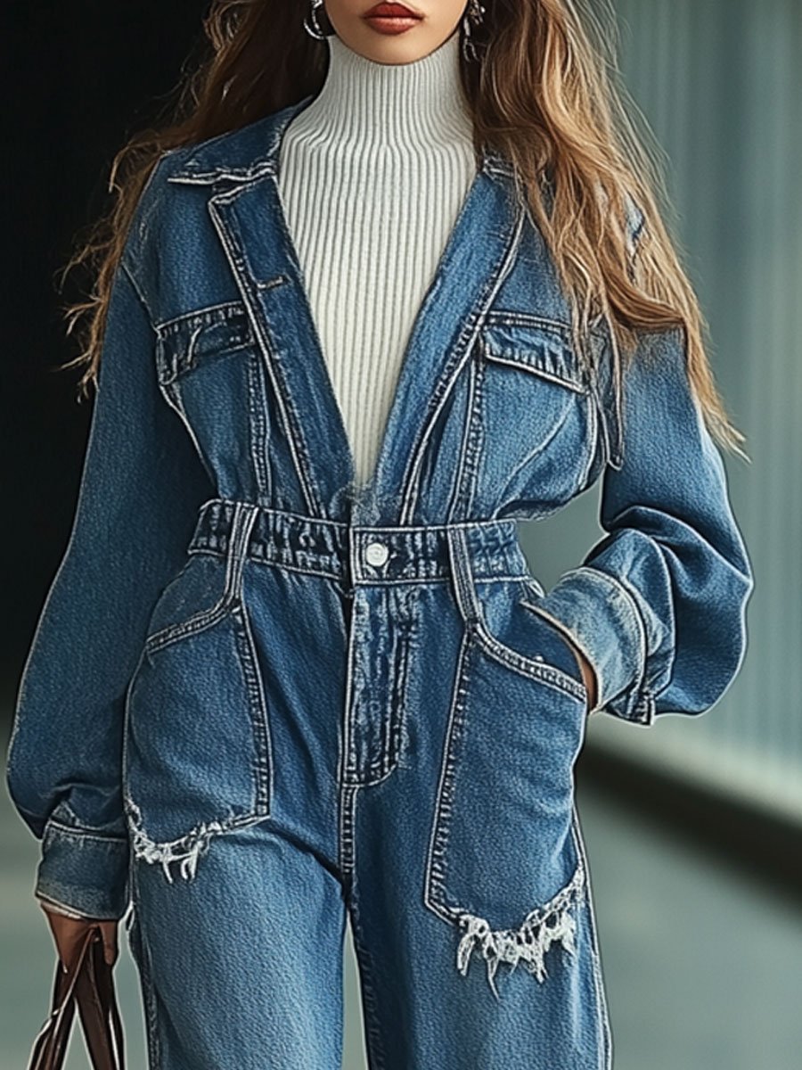 Casual Retro Raw Edge Pocket Denim Long Sleeve Straight Jumpsuit