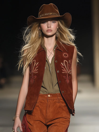 Vintage And Stylish Western Style Embroidered Suede Vest