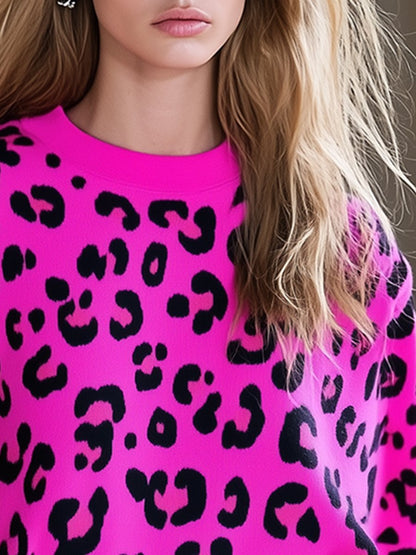 Casual Loose Fashion Bright Pink Leopard Print Sweatshirt