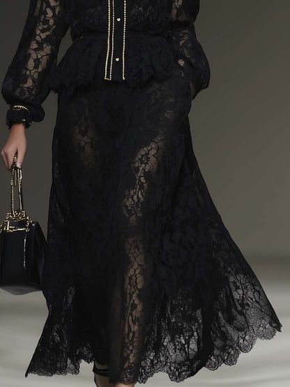 Fashionable and Calm Black Lace Fake Two-piece Maxi Dress