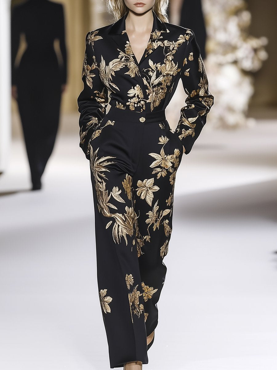 Fashionable Casual Retro Black Lapel Gold Print Long-sleeved Jumpsuit