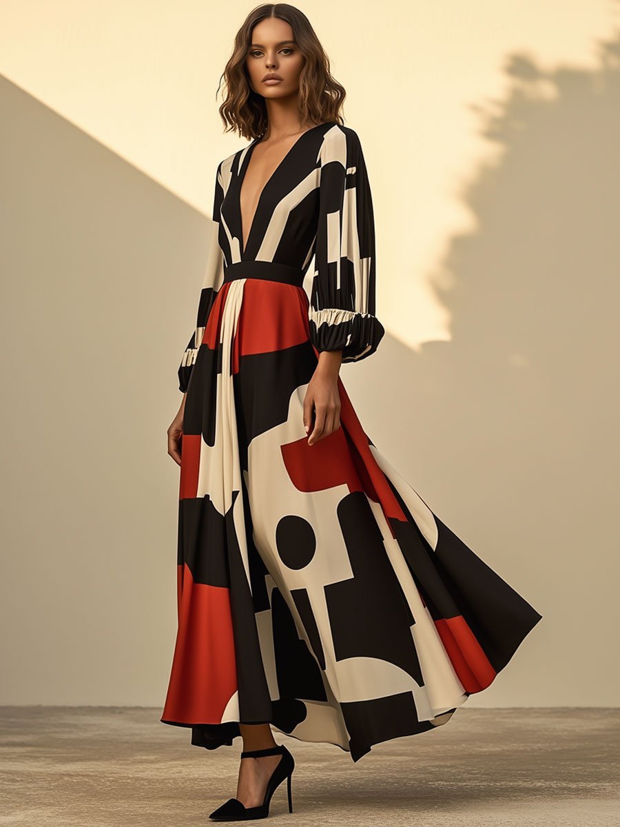 V-Neck Fashion Holiday Party Black And Red Geometric Print Long Sleeve Maxi Dress