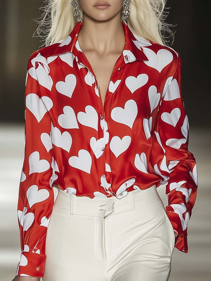 Romantic and Fashionable Red and White Heart Print Satin Shirt