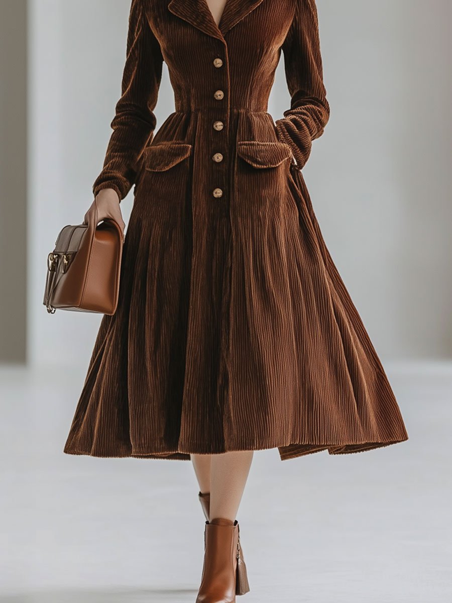 Casual Loose Retro Corduroy Single-Breasted Trench Coat-Style Midi Dress