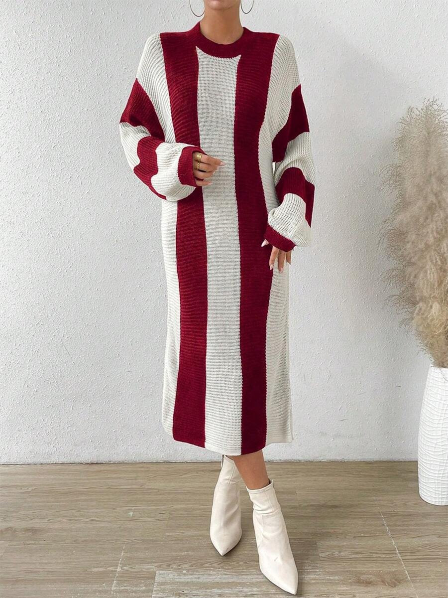 Retro And Fashionable Loose Red And White Color Matching Knitted Midi Dress