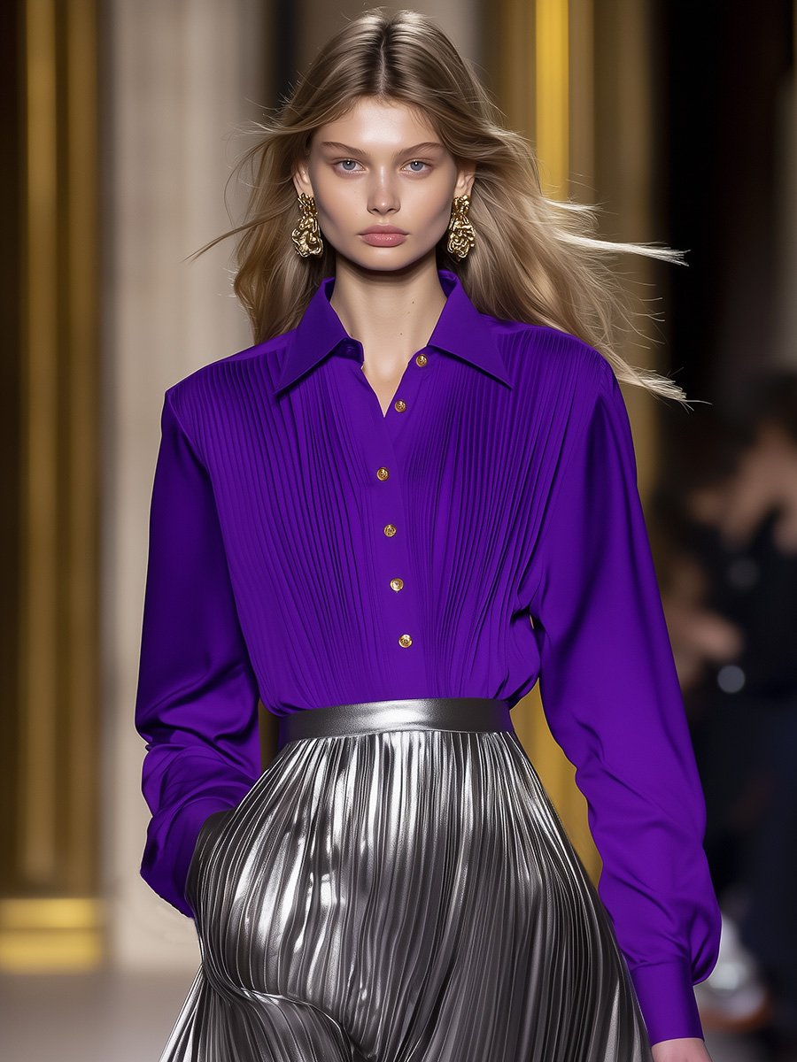 Elegant Retro Loose Purple Pleated Satin Shirt