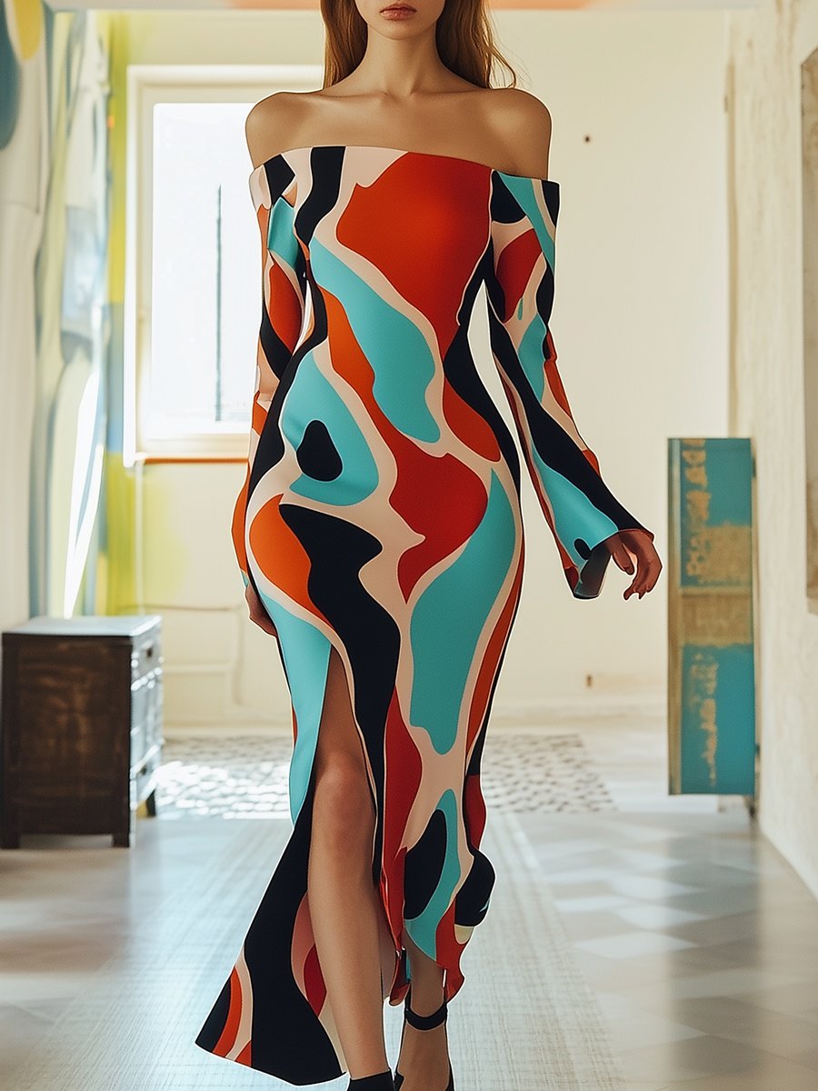 Elegant and Fashionable One-shoulder Blue and Red Printed Slit Maxi Dress