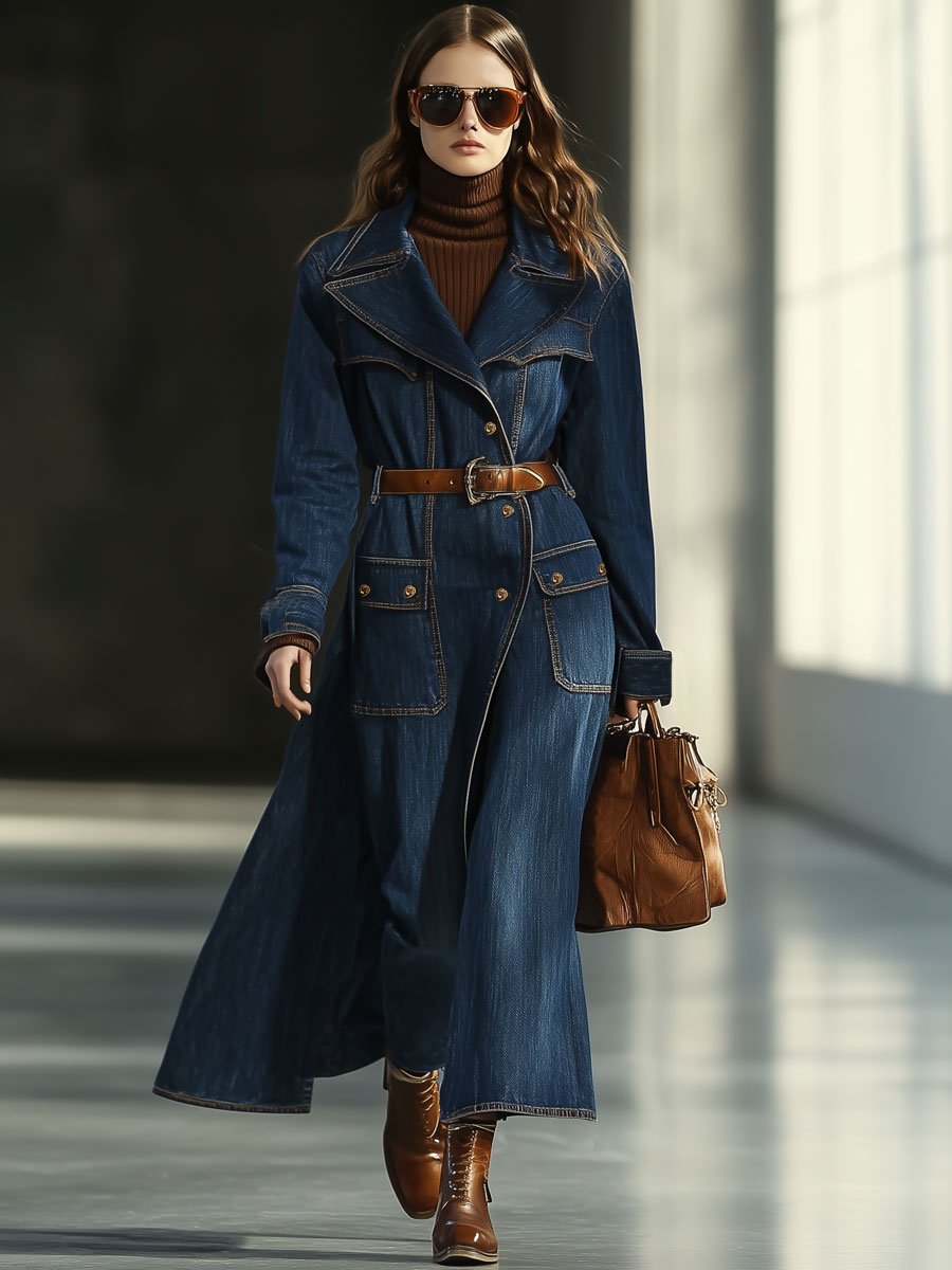 Casual Loose Retro Pocket Long Denim Trench Coat