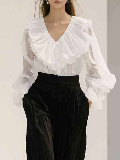 Elegant and Stylish White Chiffon Ruffled Puff Sleeve Shirt