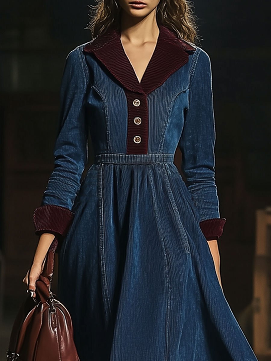 【24-hour shipping】Casual Retro Contrast Color Corduroy Stitching Elastic Waist Long Sleeve Midi Dress