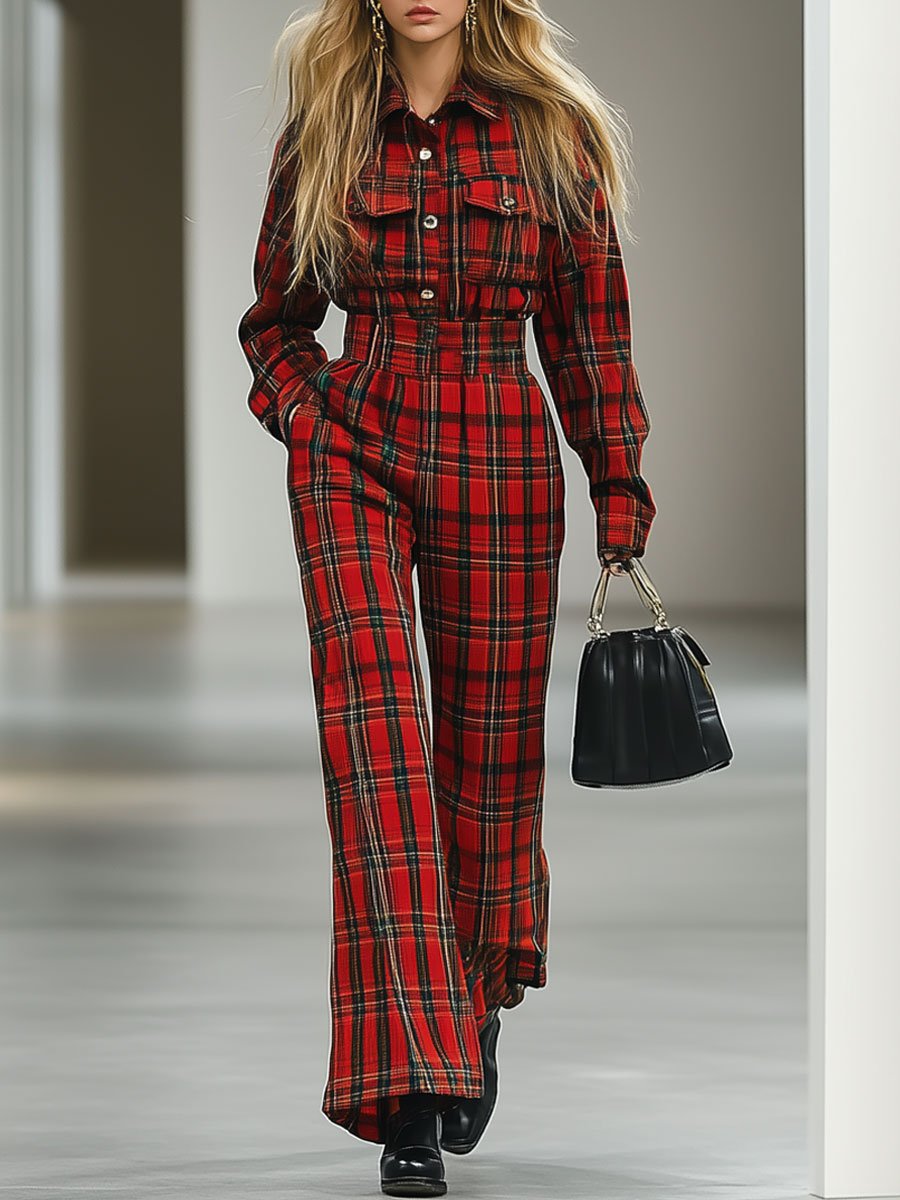 Casual Loose Retro Woolen Red And Green Plaid Multi-Pocket Long-Sleeved Jumpsuit