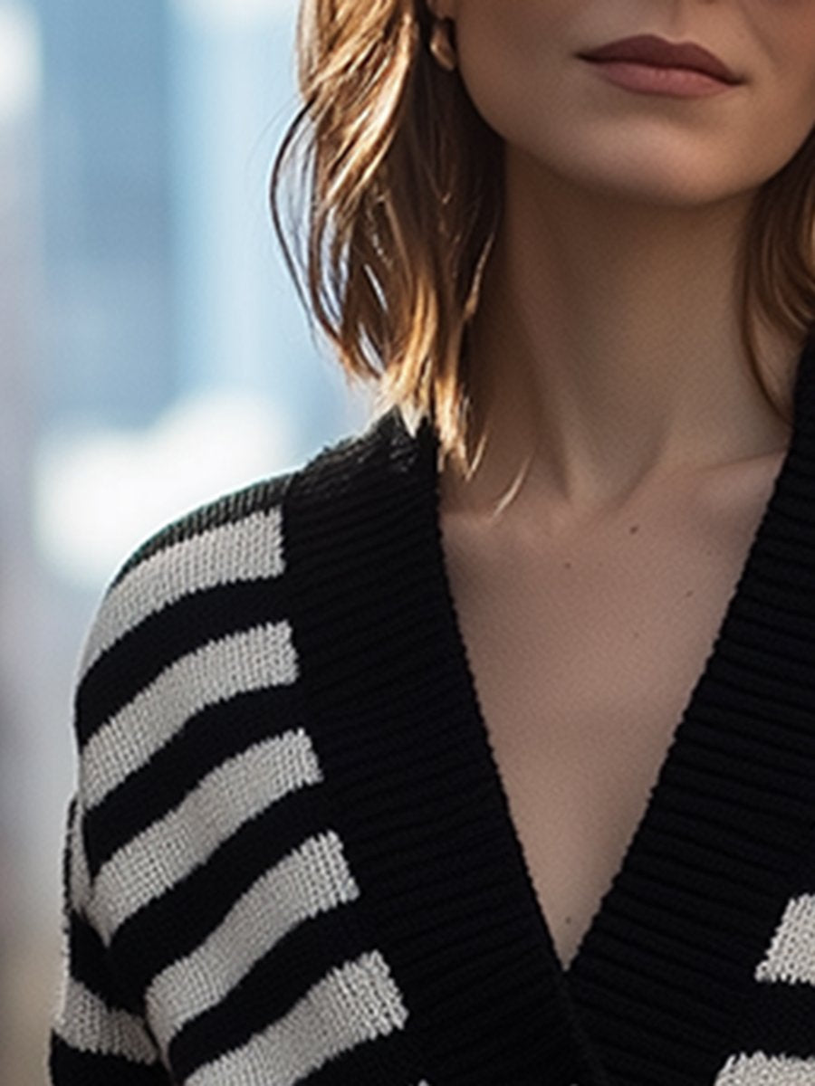 Loose And Slim Lazy Style V-Neck Black And White Striped Long-Sleeved Knitted Cardigan