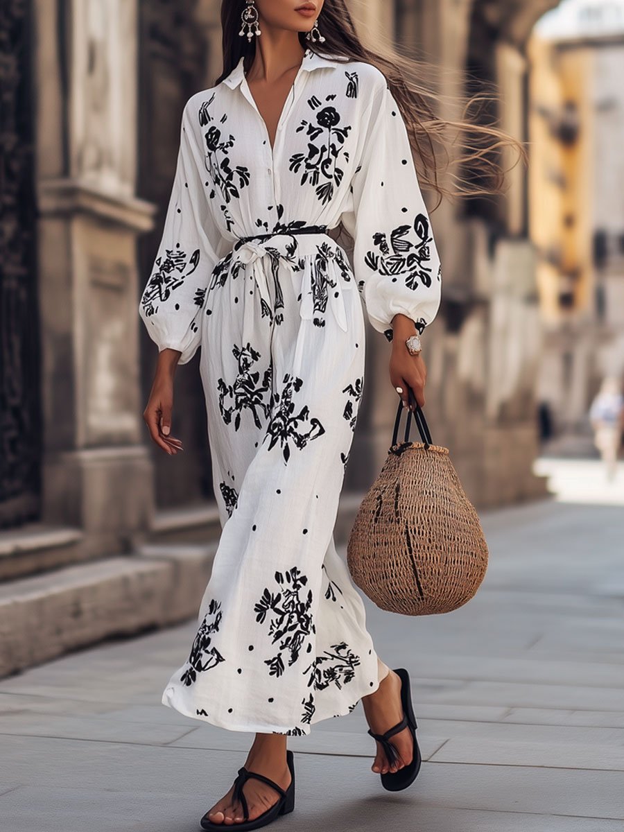 Casual Loose Floral Print Cotton and Linen Long Sleeve Shirt Vacation Maxi Dress