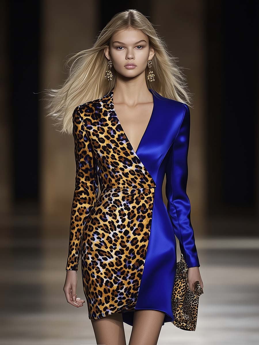 Elegant V-neck Brown Leopard Print Royal Blue Contrast Mini Dress