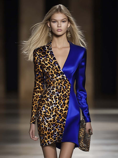 Elegant V-neck Brown Leopard Print Royal Blue Contrast Mini Dress