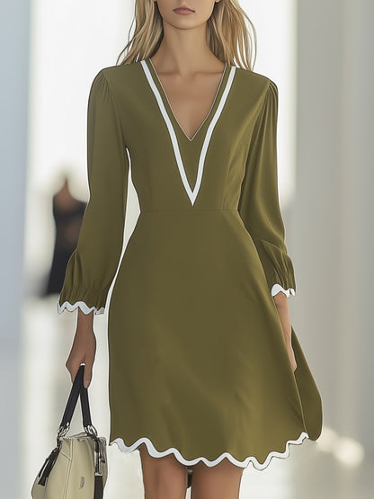 Loose Casual Wave Cut Long Sleeve Midi Dress