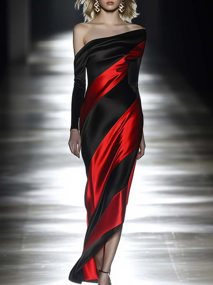 Elegant Off-the-shoulder Black and Red Contrast Maxi Dress