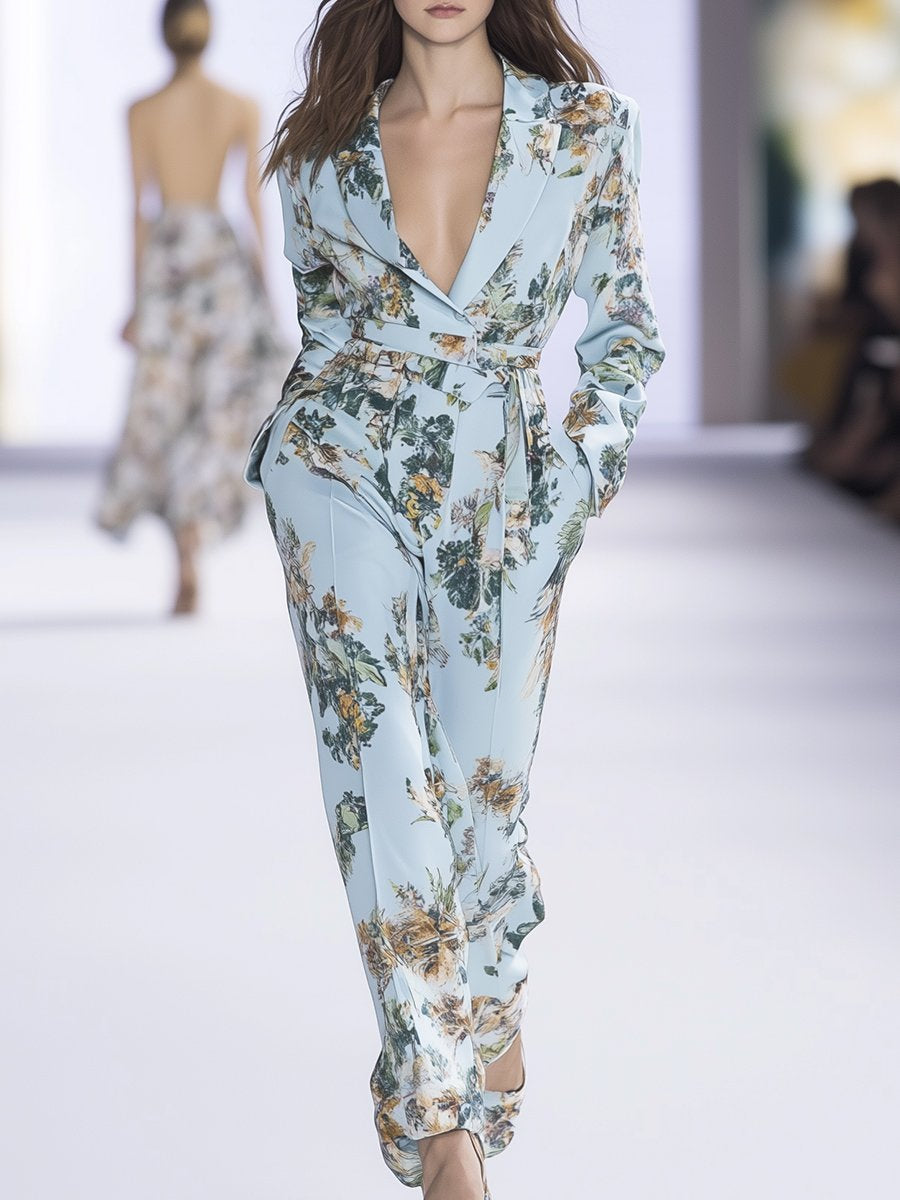 Fashionable Casual Retro Floral Print Lapel Long Sleeve Jumpsuit