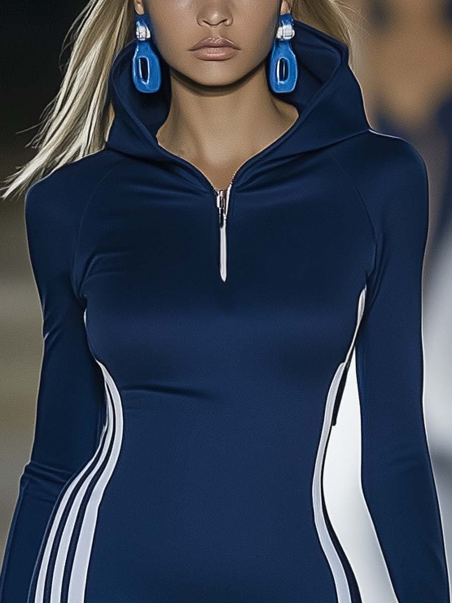 Fashion Hooded Zipper White Sports Edge Navy Blue Satin Mini Dress