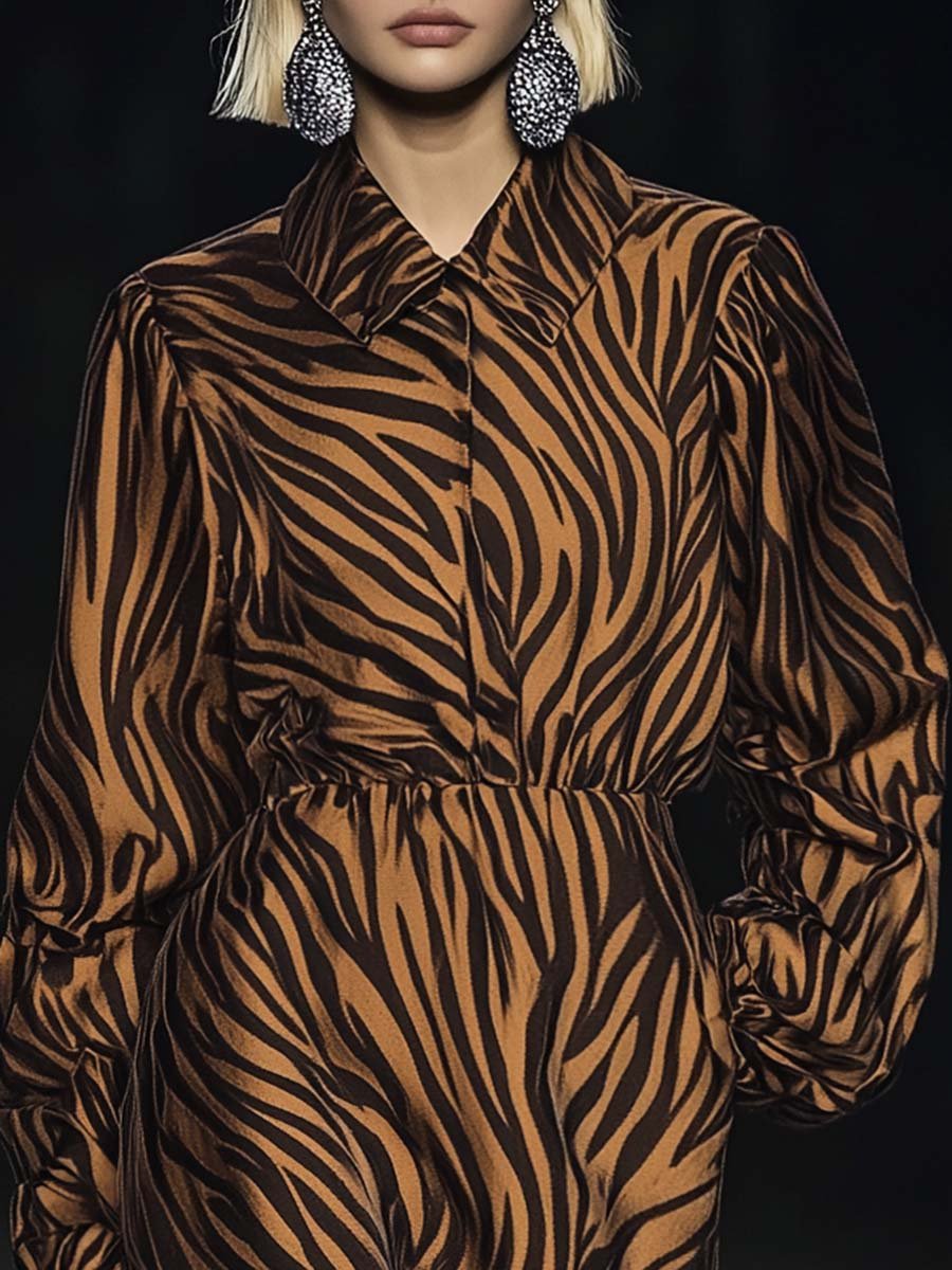 Personalized Fashionable Shirt-style Brown Zebra Print Jumpsuit