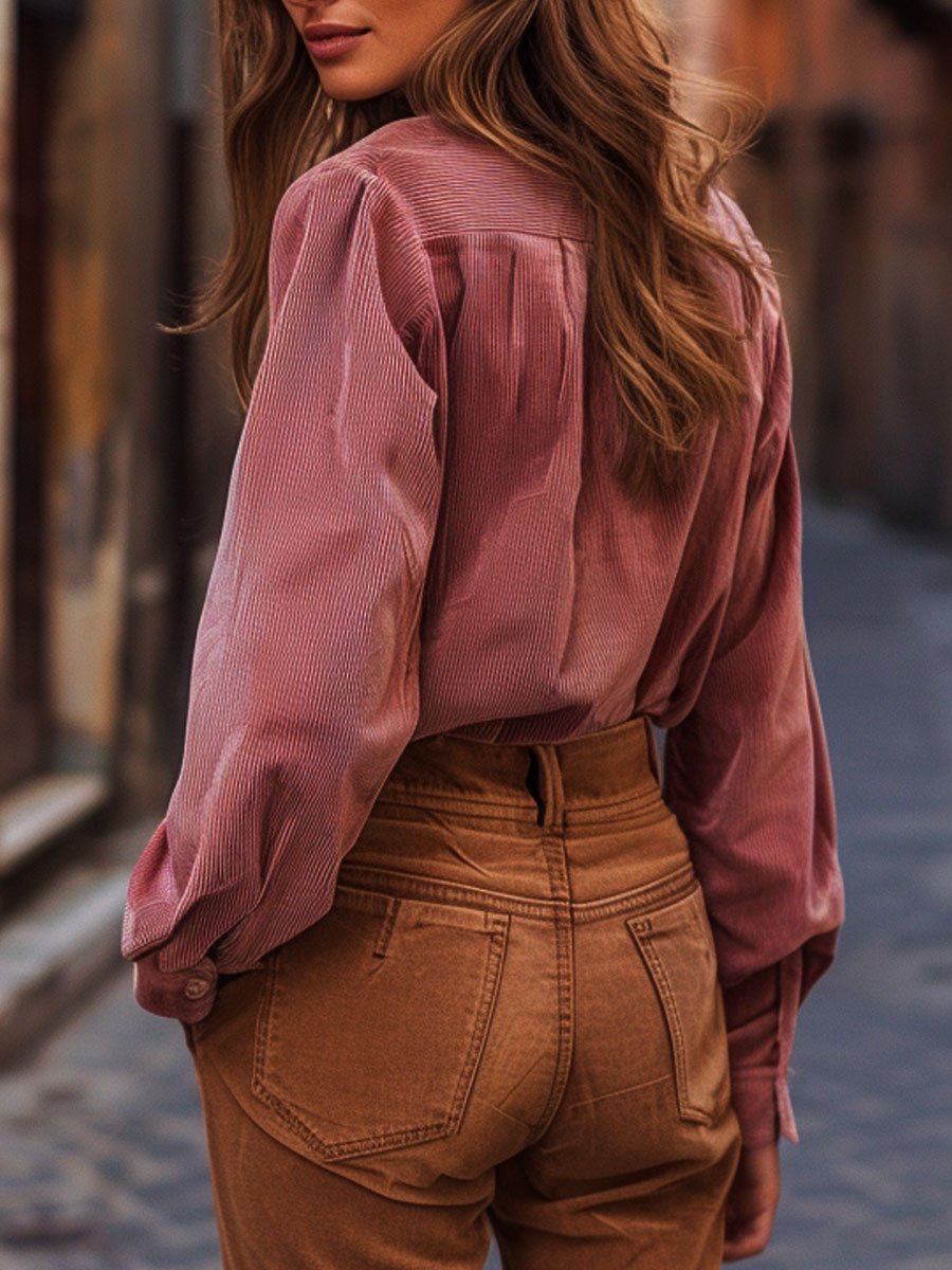 Casual Loose Pocket Corduroy Long Sleeve Blouse