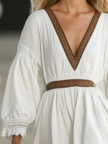 Bohemian Style White Long-Sleeved Maxi Dress