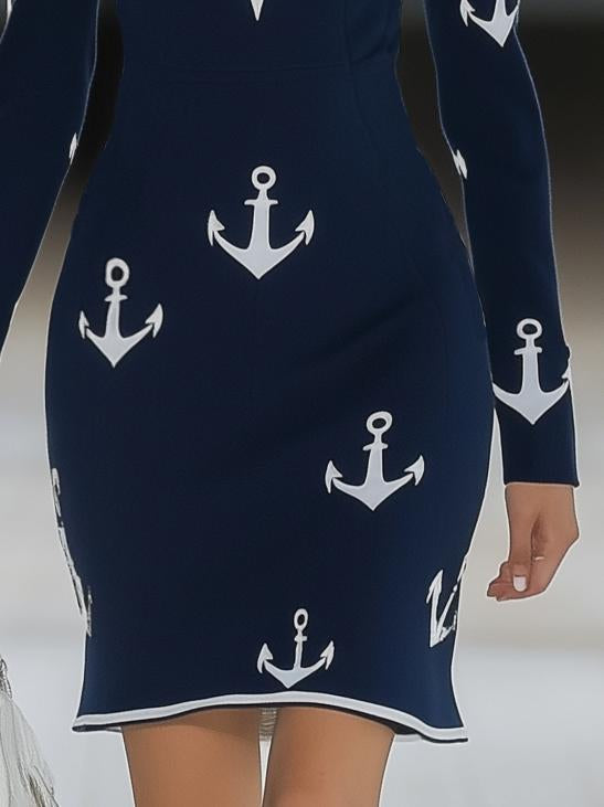 Elegant Anchor Print Navy Long Sleeve Mini Dress