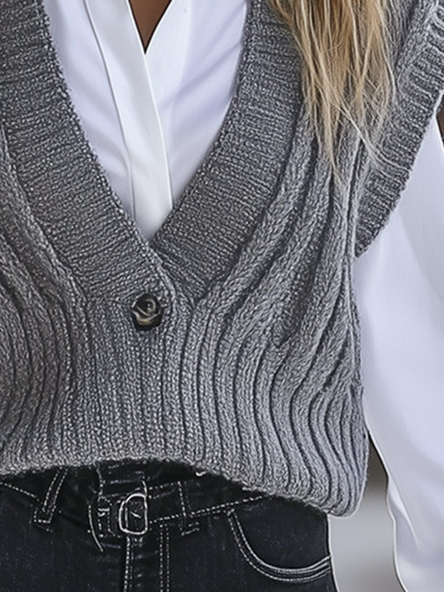 High-End Fashionable Loose V-Neck Button Gray Knitted Vest