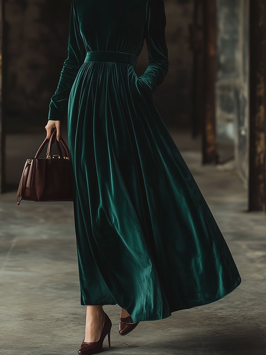 【24-hour shipping】Stand Collar Loose Party Pocket Solid Velvet Long Sleeve Maxi Dress