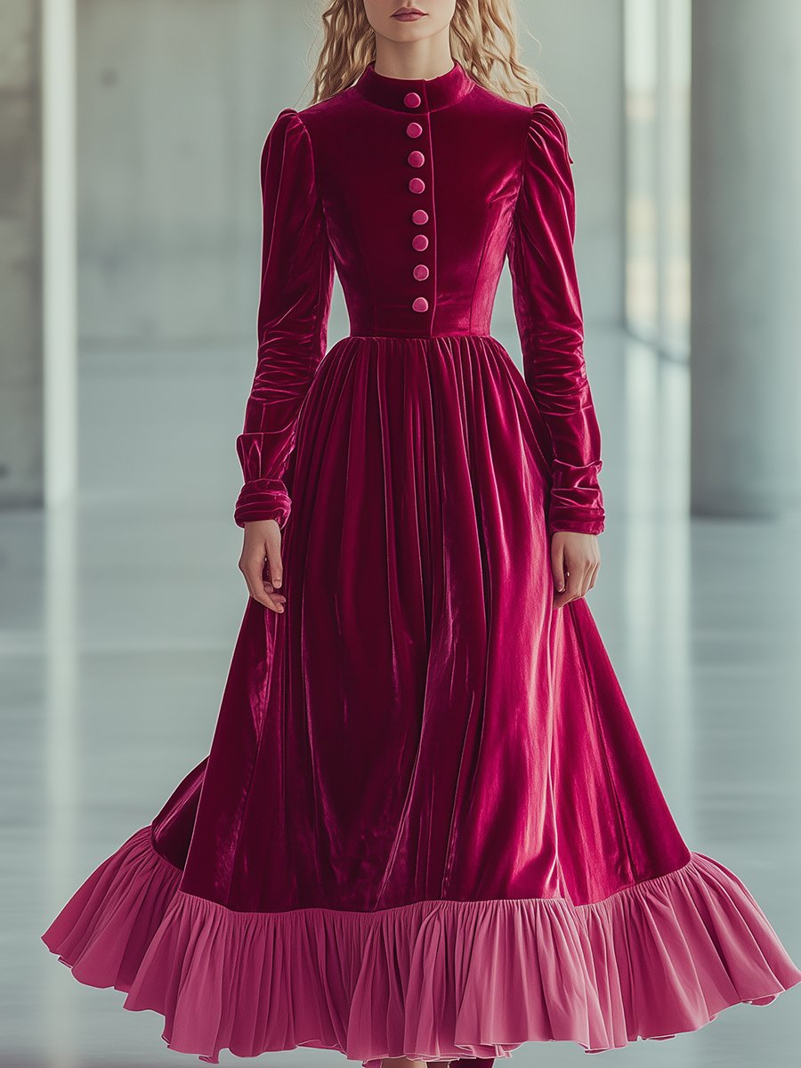 Elegant Small Stand-up Collar Rose Red Velvet Long-sleeved Maxi Dress