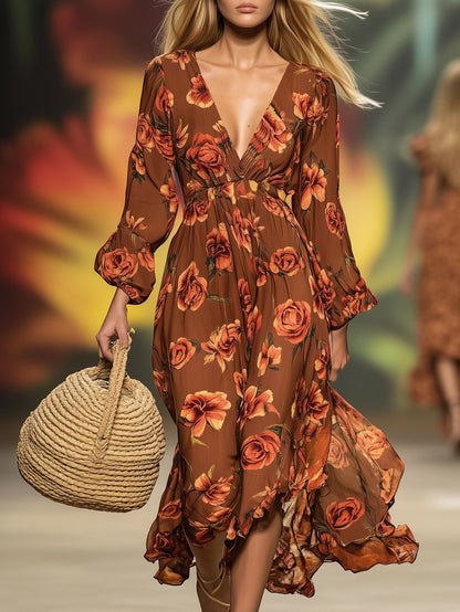 Bohemian Chiffon Print Long Sleeve Maxi Dress