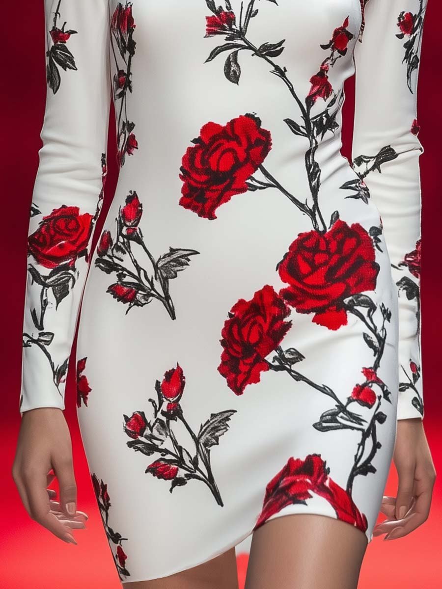 Elegant and Romantic Half-high Collar Rose Print Mini Dress