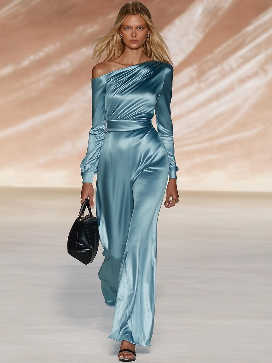 Elegant Haze Blue Off-the-shoulder Satin Long-sleeved Jumpsuit