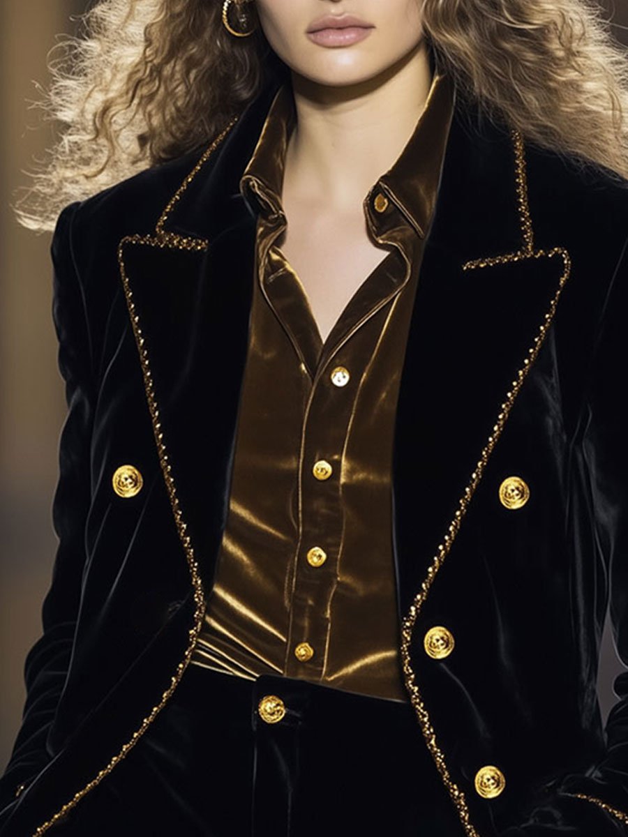 Casual Loose Retro Black Velvet Gold Lapel Metal Button Blazer