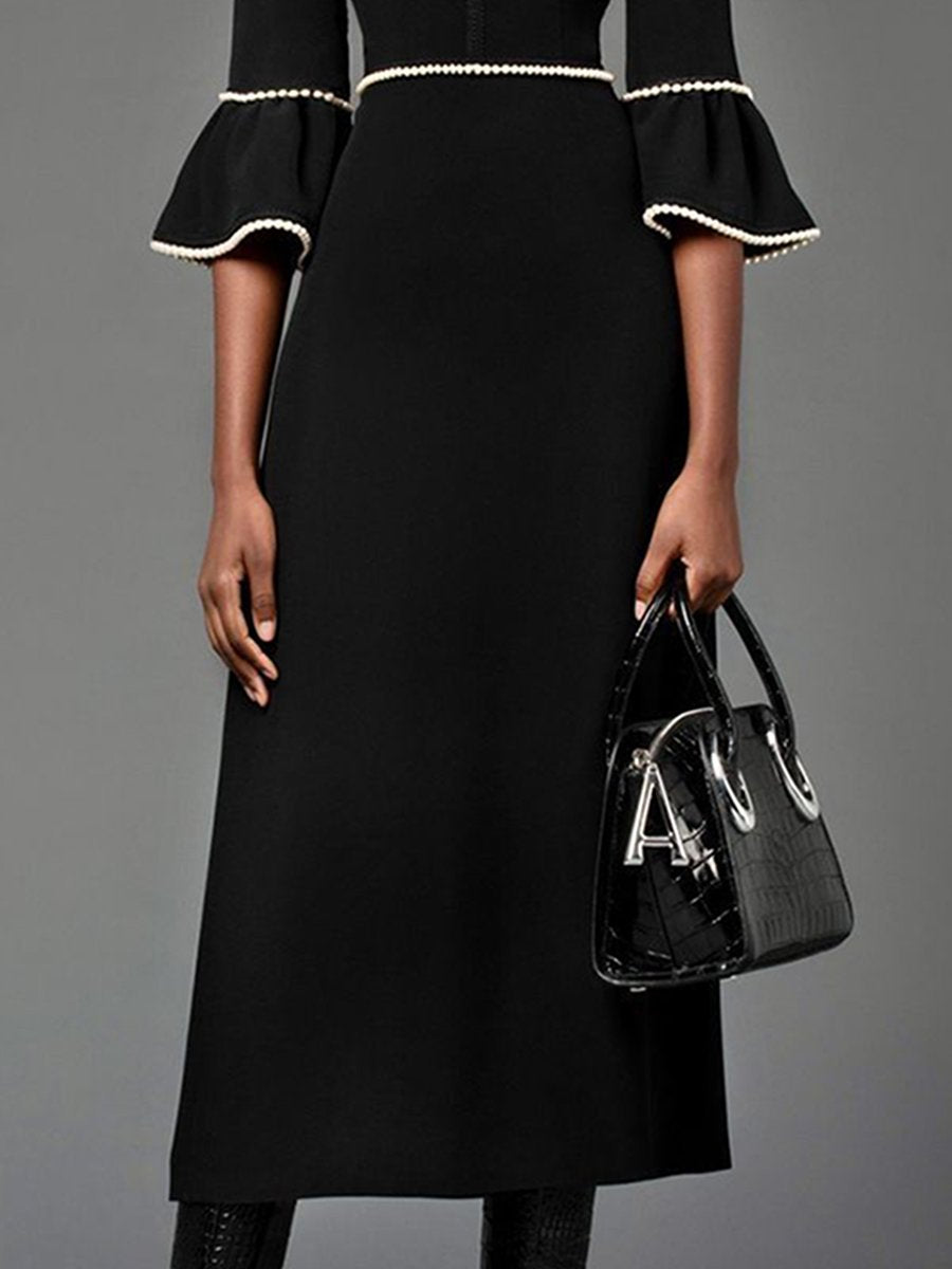 Elegant Ruffled Long Sleeve Classic Black Maxi Dress