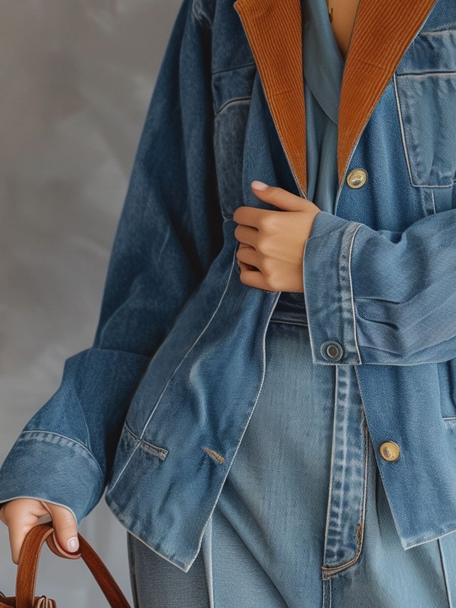 Casual Loose Pocket Vintage Denim Corduroy Patchwork Blazer