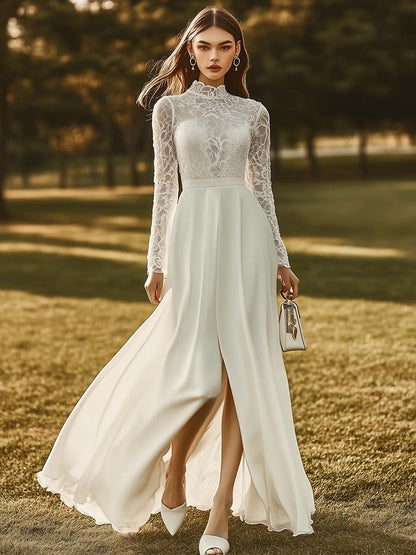 Elegant and Flowing Half-high Collar Lace Stitching White Maxi Dress