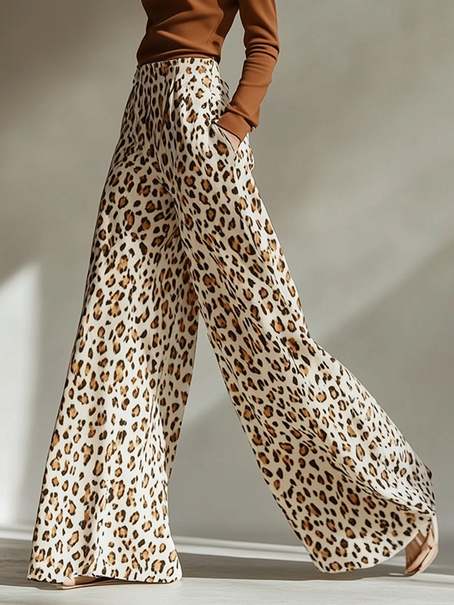 Retro And Fashionable Leopard Print Wide-Leg Pants