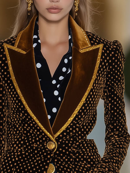 Casual Loose Retro Velvet Polka Dot Gold Edge Lapel Blazer