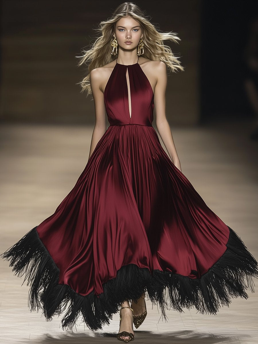 Elegant And Stylish Halterneck Tassel Satin Maxi Dress